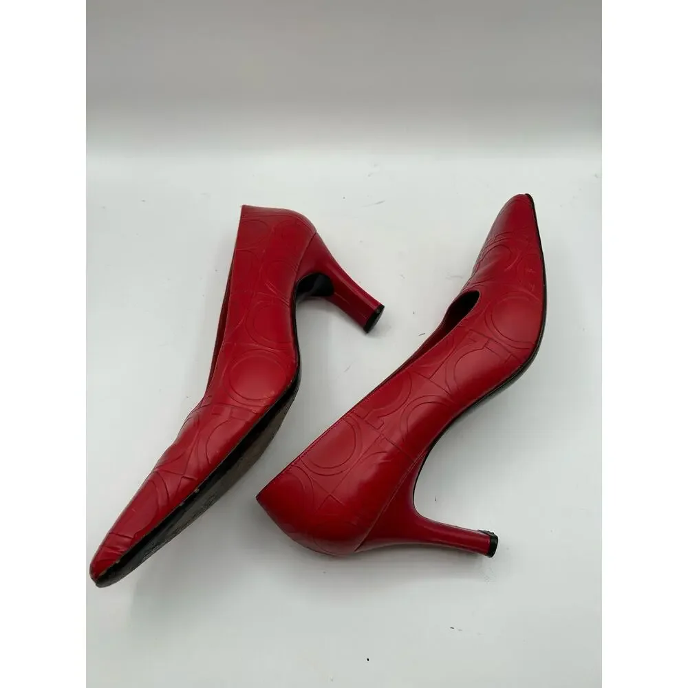Salvatore Ferragamo Logo Embossed Red Leather Heels, Vtg Women’s US Sz9M… - Picture 7 of 9